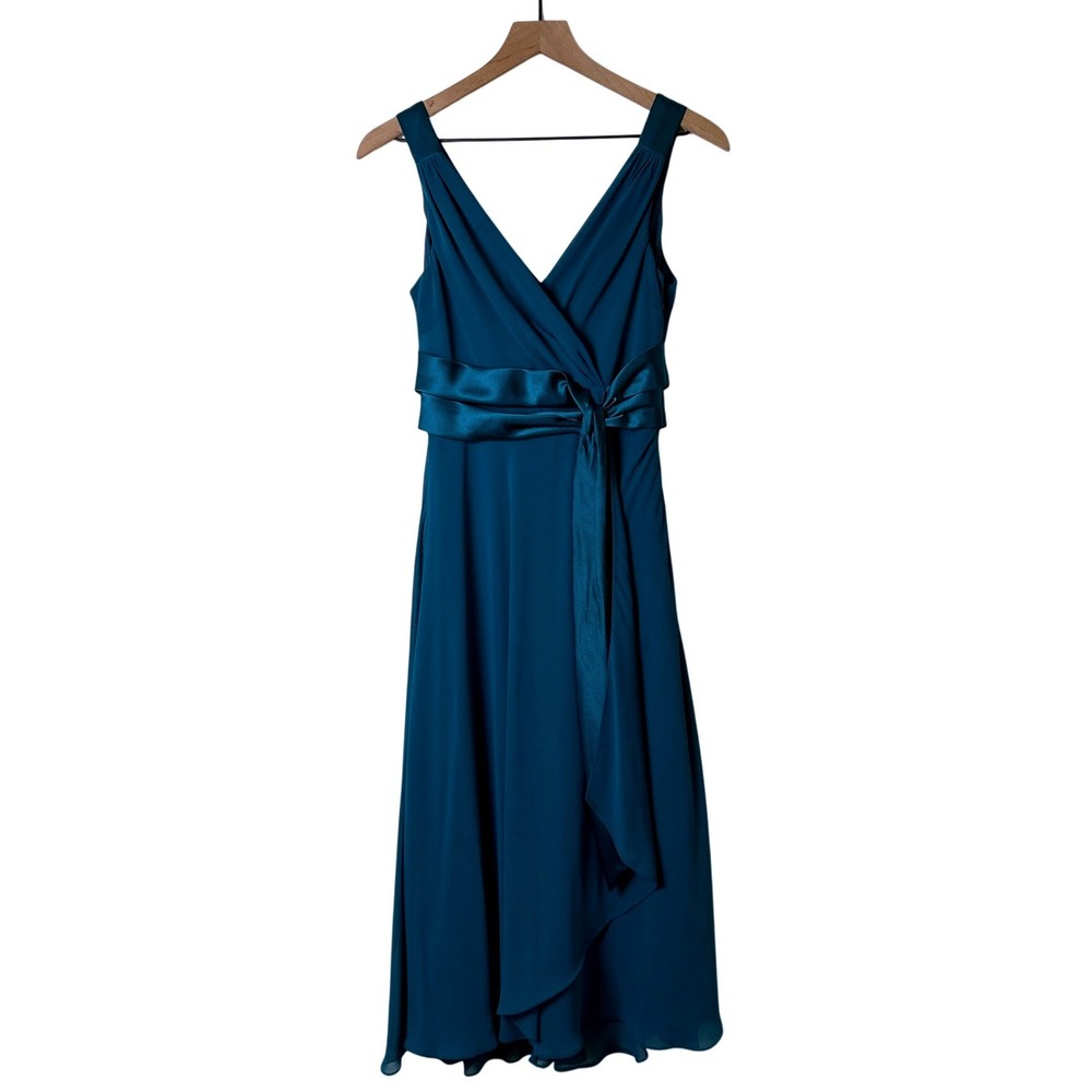 Jones Wear Womens Satin Tie Asymmetrical Chiffon Midi Dress Size 8 Teal Blue